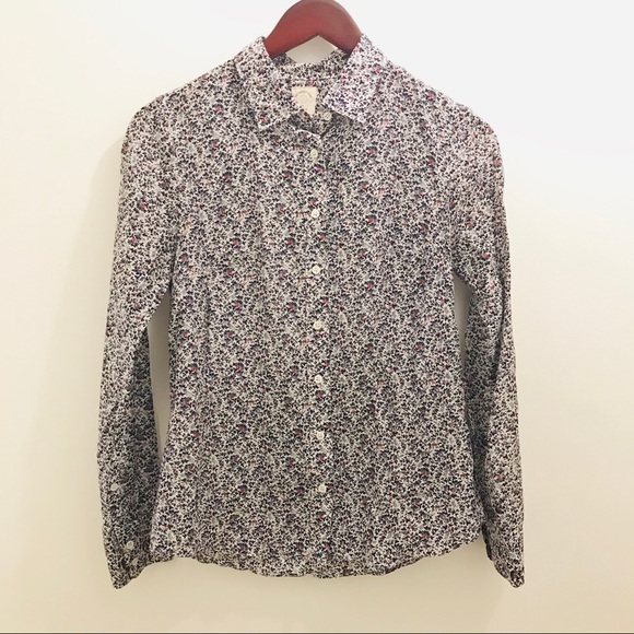 J Crew The Perfect Shirt 0 Silk Cotton floral gray red button down - Picture 1 of 6